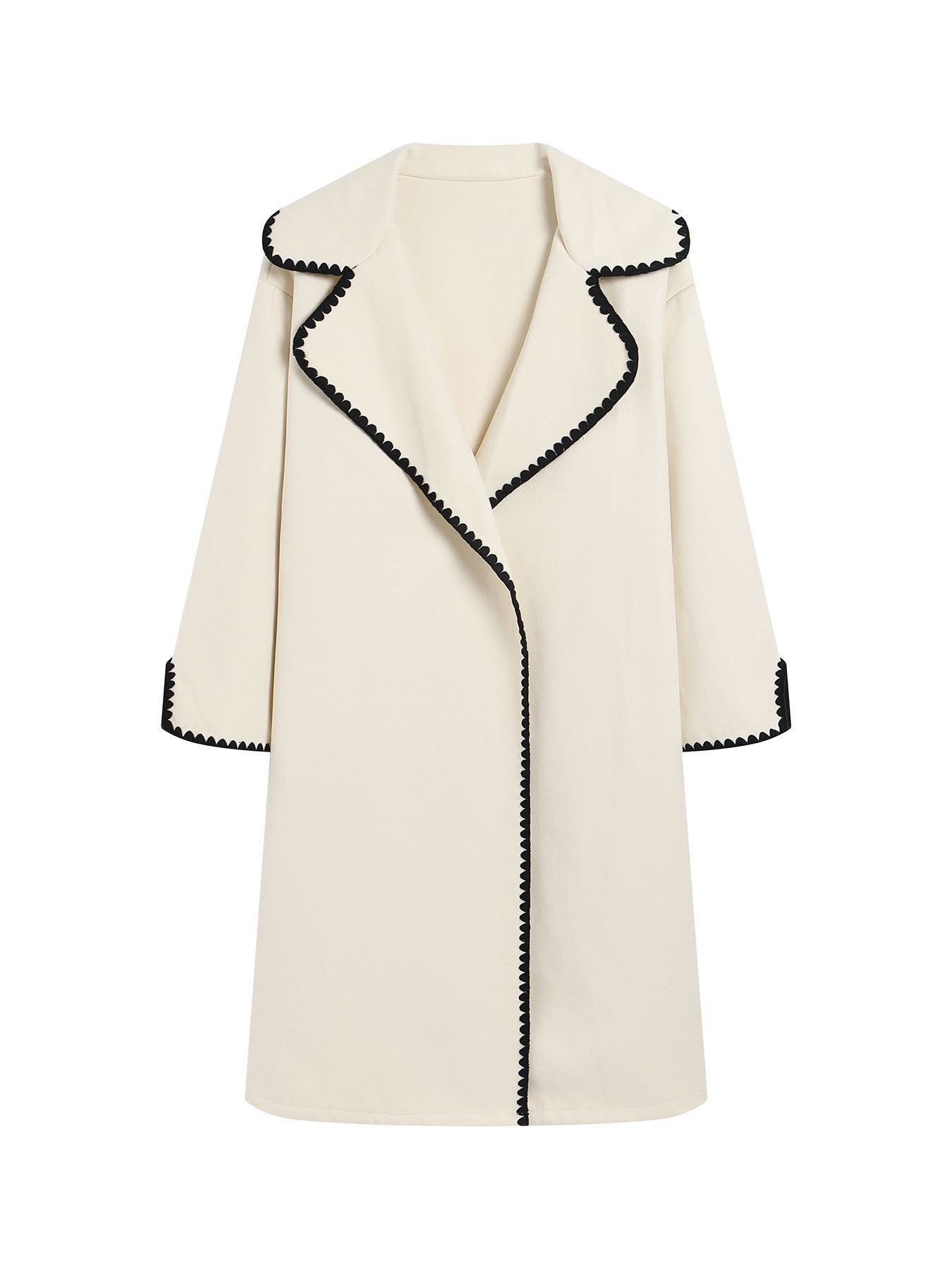 Women's oversized wool windbreaker jacket with lapel collar and embroidered shell detail in neutral tone