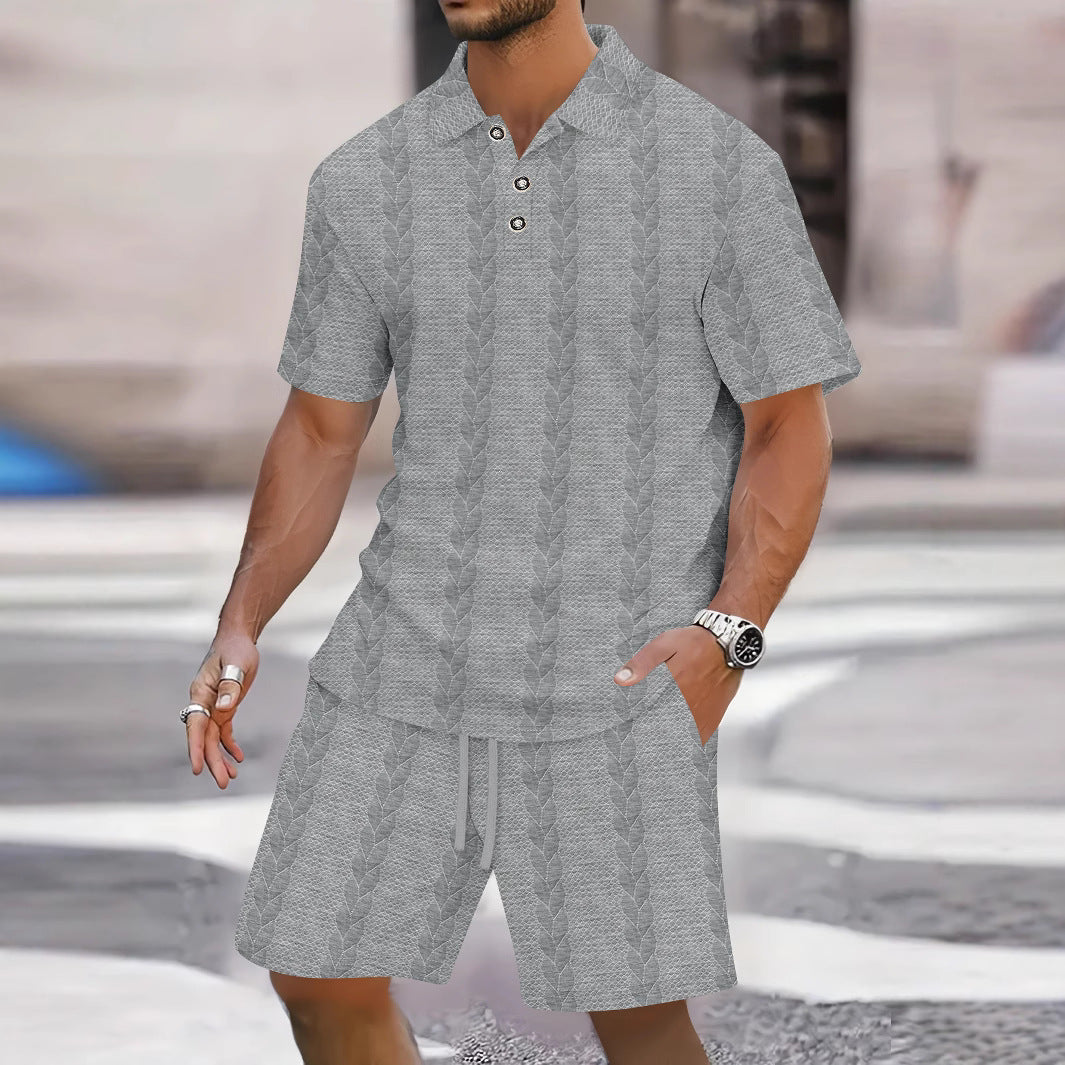 Men's relaxed fit knit shirt and Bermuda shorts set, lightweight summer coords with button closure