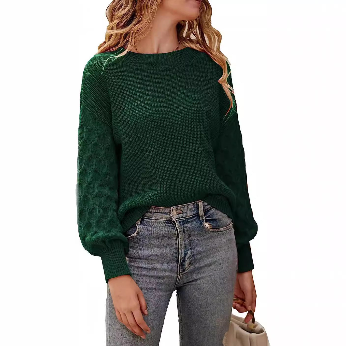 Women's chunky knit sweater relaxed fit with textured sleeve pattern, cozy fall winter style