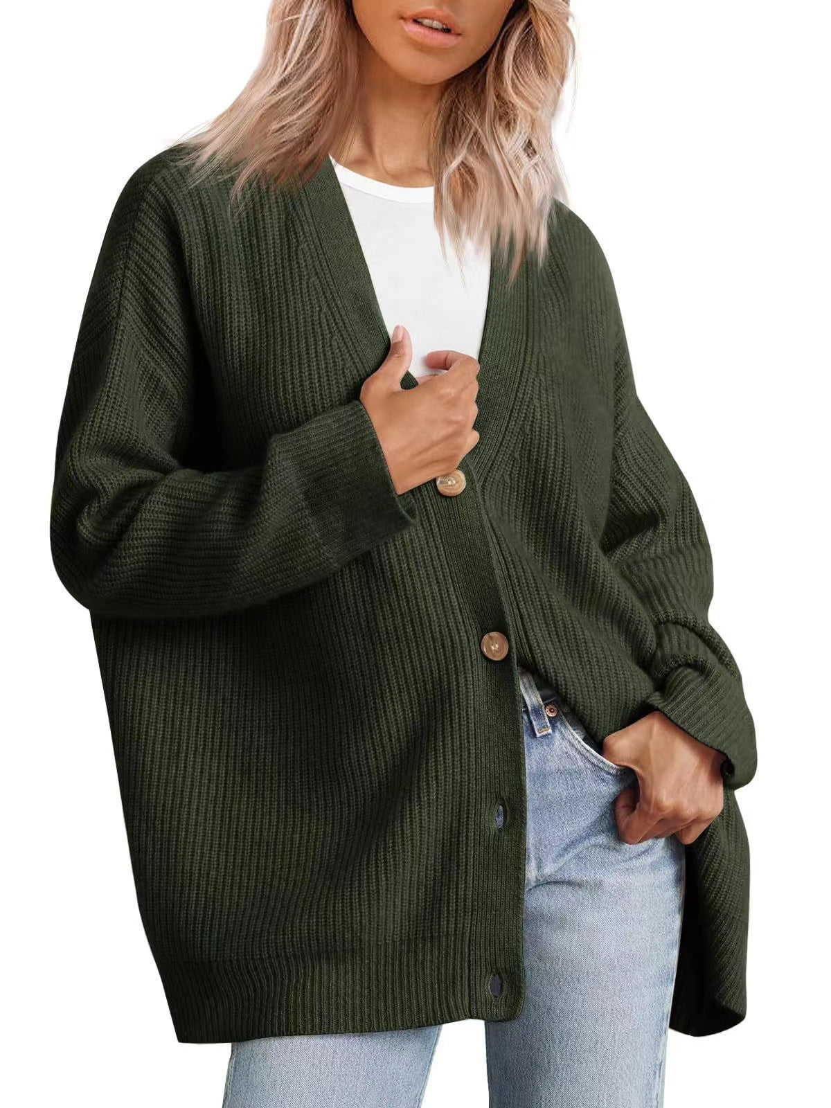 Women's oversized knit cardigan cozy relaxed fit button-up front versatile layering essential