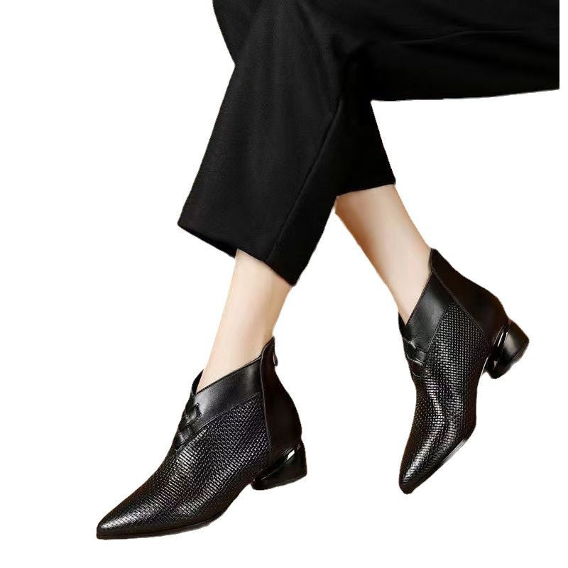 Women's black pointed toe ankle boots low block heel textured panel premium PU leather everyday style