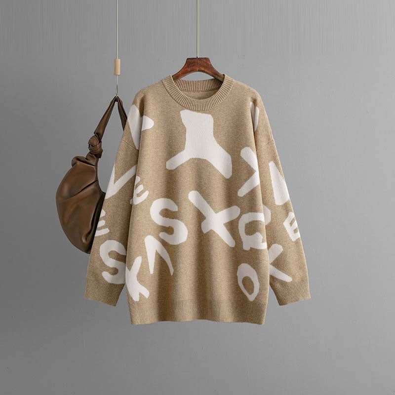 Women's oversized graphic knit sweater cozy bold patterned pullover for fall winter layering