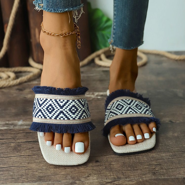 Women's boho fringe flat sandals with embroidered straps and lightweight hemp insole for all-day comfort