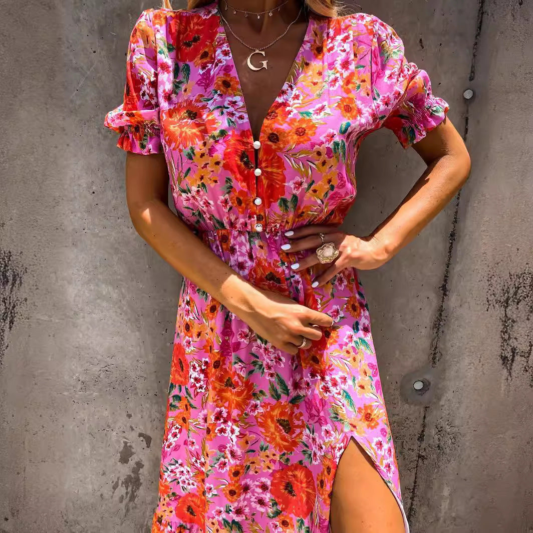Women's floral maxi dress V-neck elastic waist short sleeves flowing skirt casual summer style