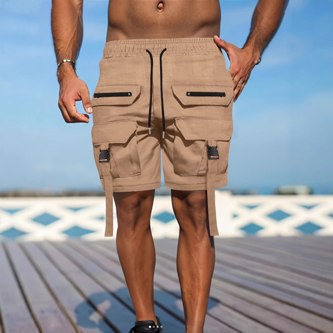 Men's khaki cotton-blend cargo shorts regular fit with multiple utility pockets for outdoor use
