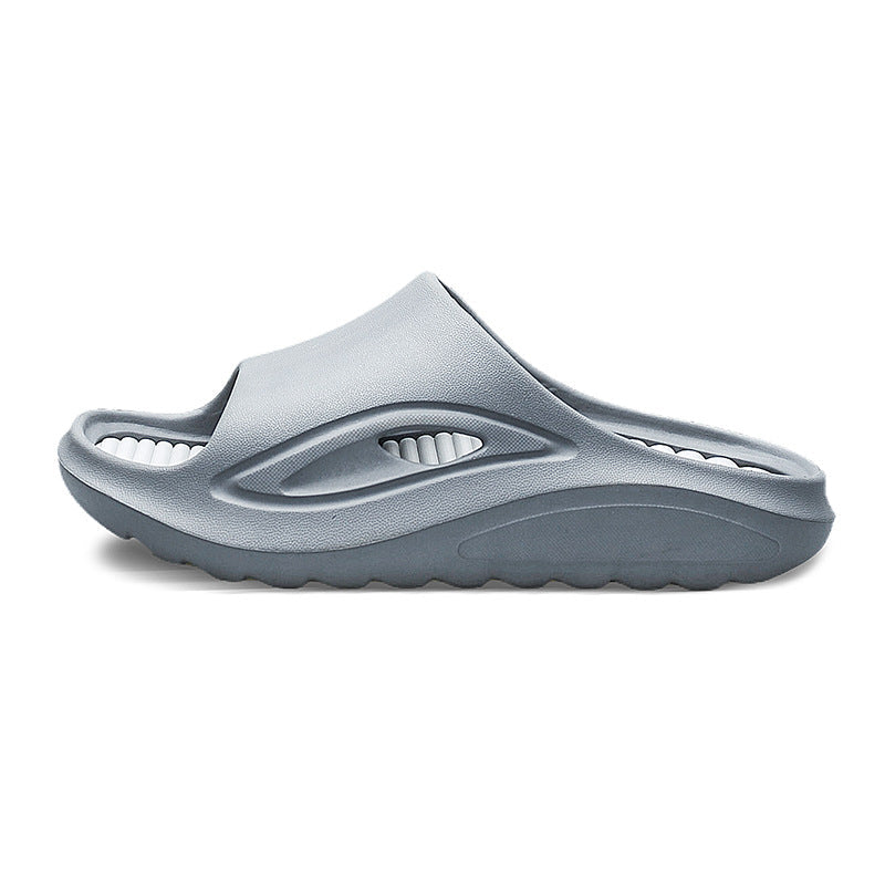 Men's slip-on open toe sandals in neutral tone with wide breathable perforated straps and padded insole