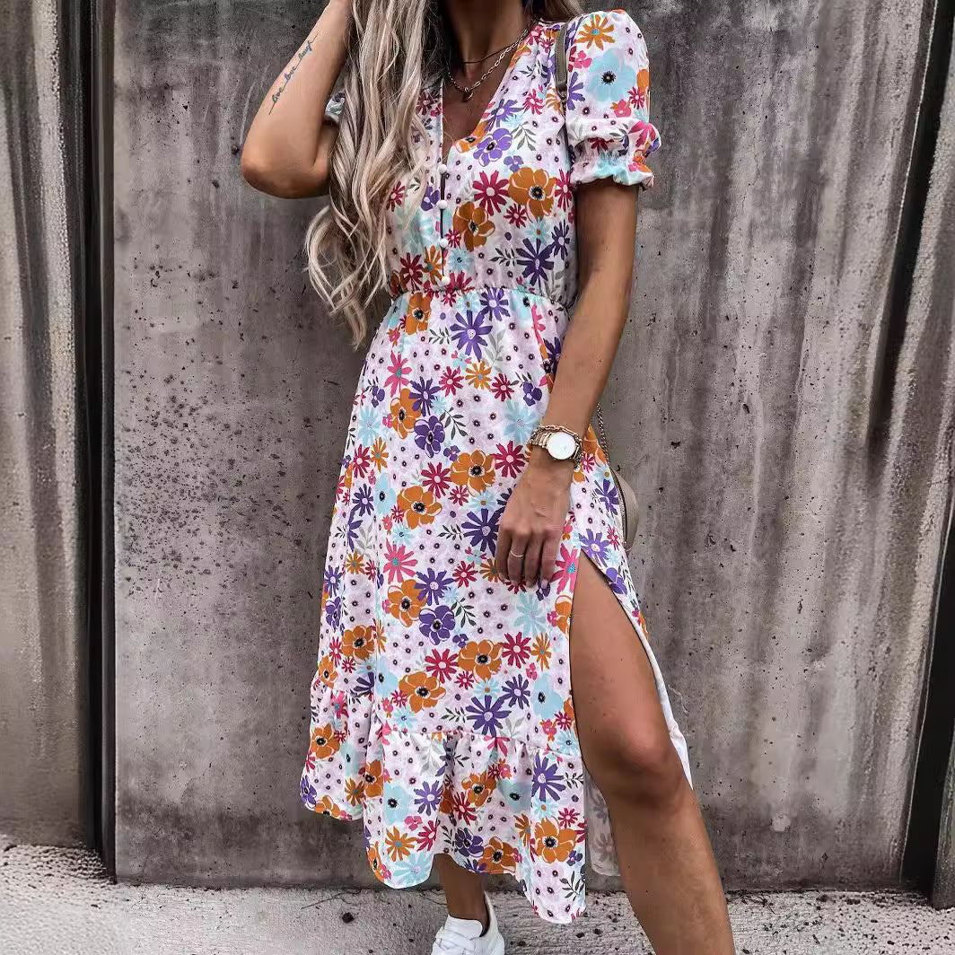 Floral maxi dress with V-neck, short sleeves, elastic waist, and flowy skirt for women
