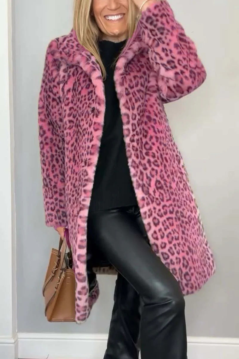 Women's leopard print faux fur oversized coat soft cozy luxury outerwear relaxed silhouette