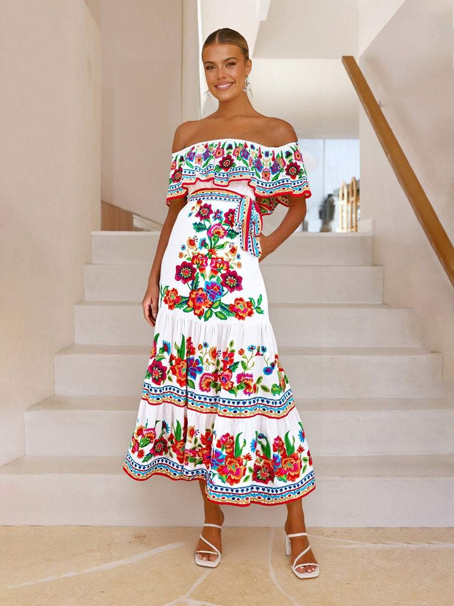Floral off-shoulder maxi dress with ruched bodice and tiered skirt in vibrant summer print