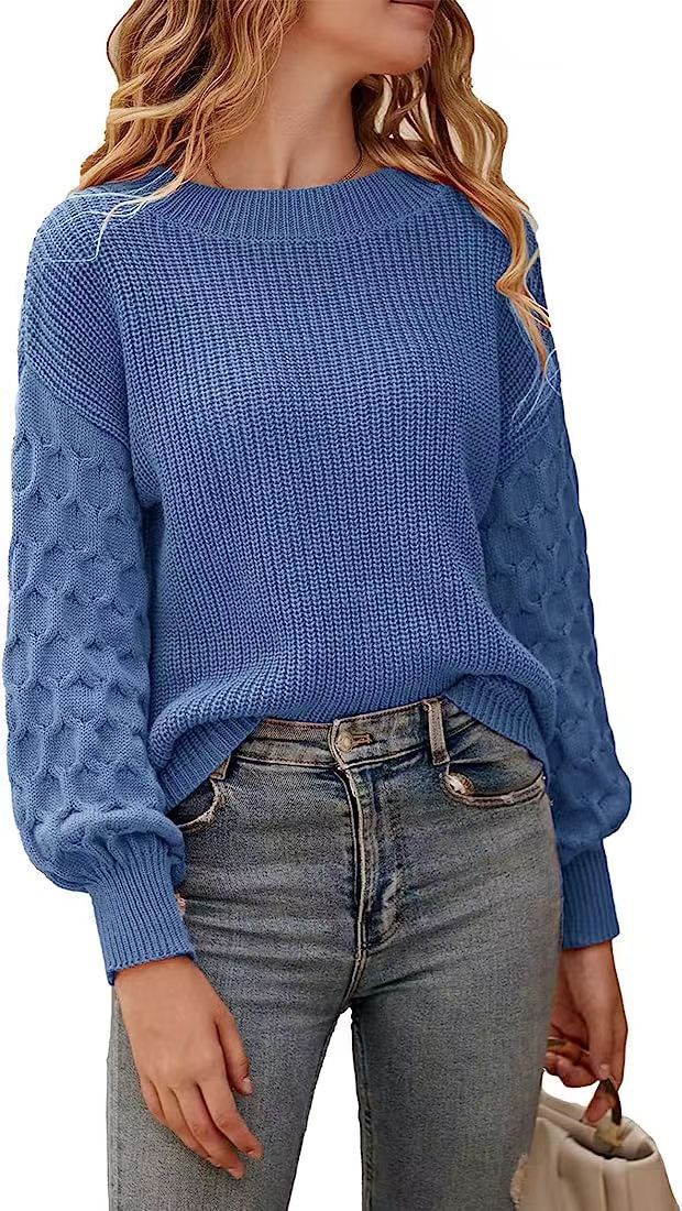Women's chunky knit sweater relaxed fit cozy acrylic with textured sleeve pattern fall winter style