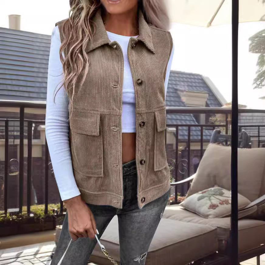 Women's corduroy sleeveless cardigan vest, relaxed fit, button front with utility pockets