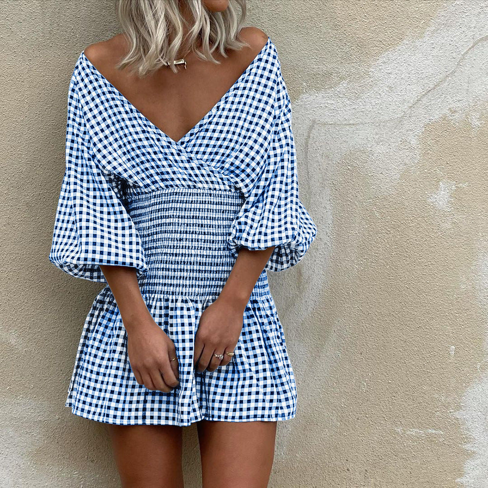 Gingham cotton blend mini dress with V-neck, puff sleeves, smocked waist, chic summer style