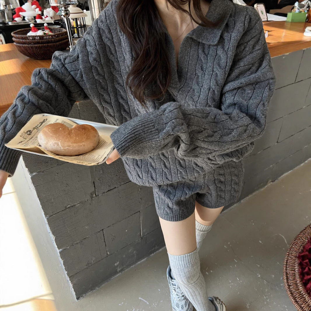 Women's wool blend cable knit two-piece pullover set high collar relaxed fit long sleeve