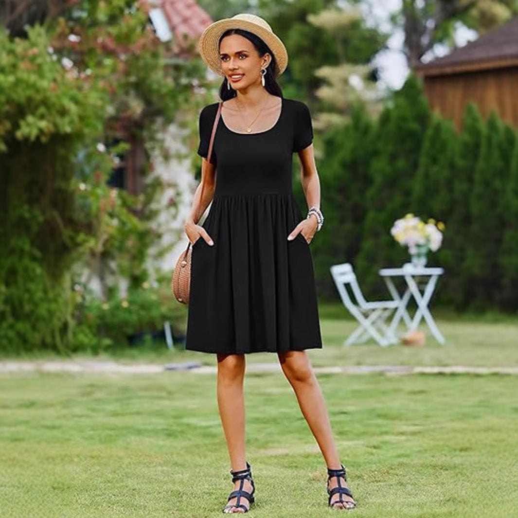 Women's fit-and-flare cotton dress with round neck and leopard-print knee-length skirt