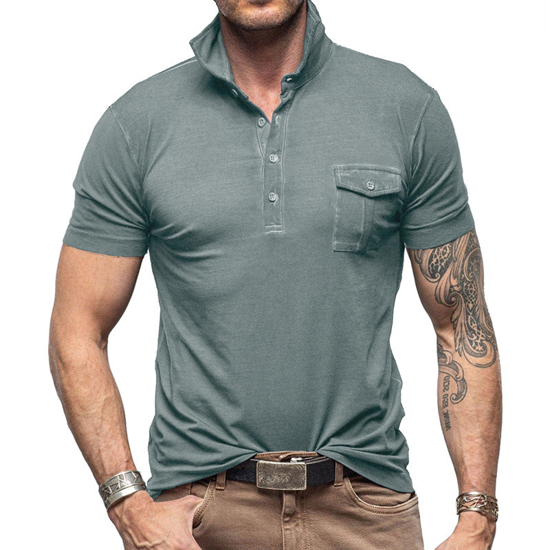 Men's slim fit breathable cotton polo shirt with stand collar and chest pocket, versatile casual style