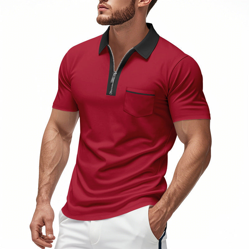 Navy blue men's slim fit polo shirt with zipper closure and chest pocket, breathable cotton blend