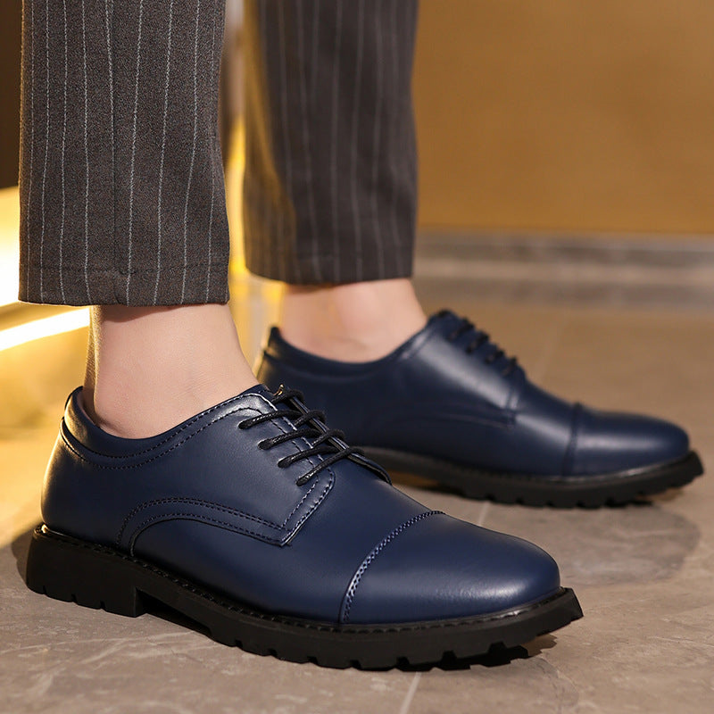Men's black cap-toe derby shoes polished formal leather upper with durable rubber sole