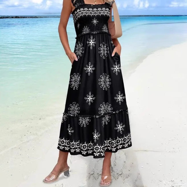 Women's boho cotton blend midi dress loose fit ruched sleeves breathable casual beachwear