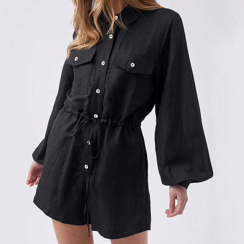 Women's relaxed fit cotton linen romper with drawstring waist, pockets, and button closure