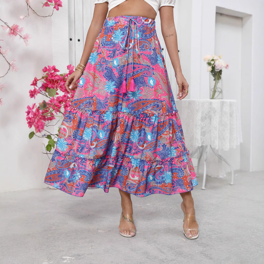 Women's boho maxi skirt high waist tiered silhouette fringe waistband cotton-feel fabric