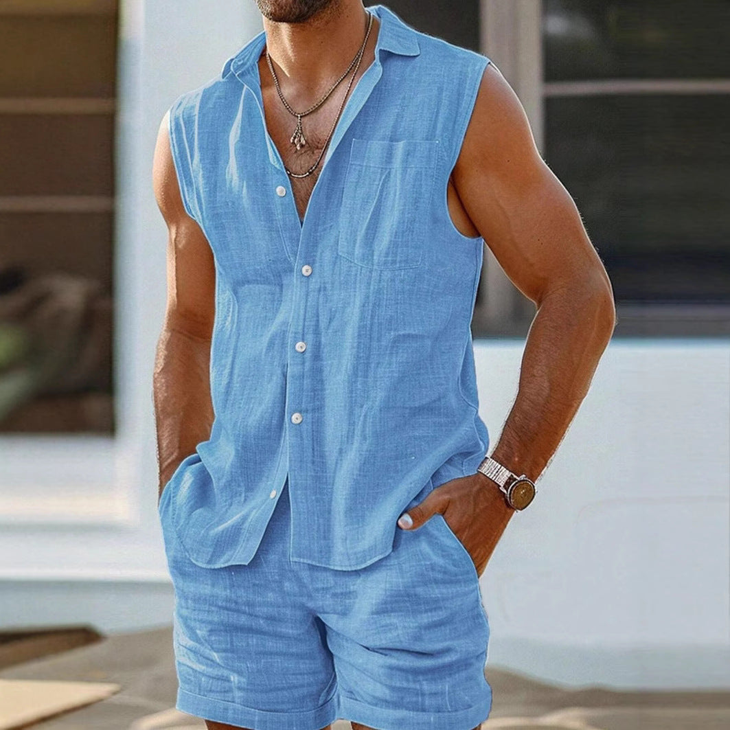 Men's cotton linen matching set sleeveless button-front shirt and shorts breathable relaxed-fit summer
