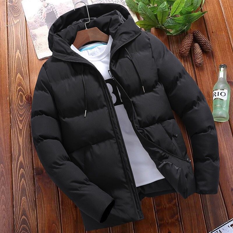 Men's black quilted hooded jacket relaxed fit hip-length full-zip synthetic blend outerwear