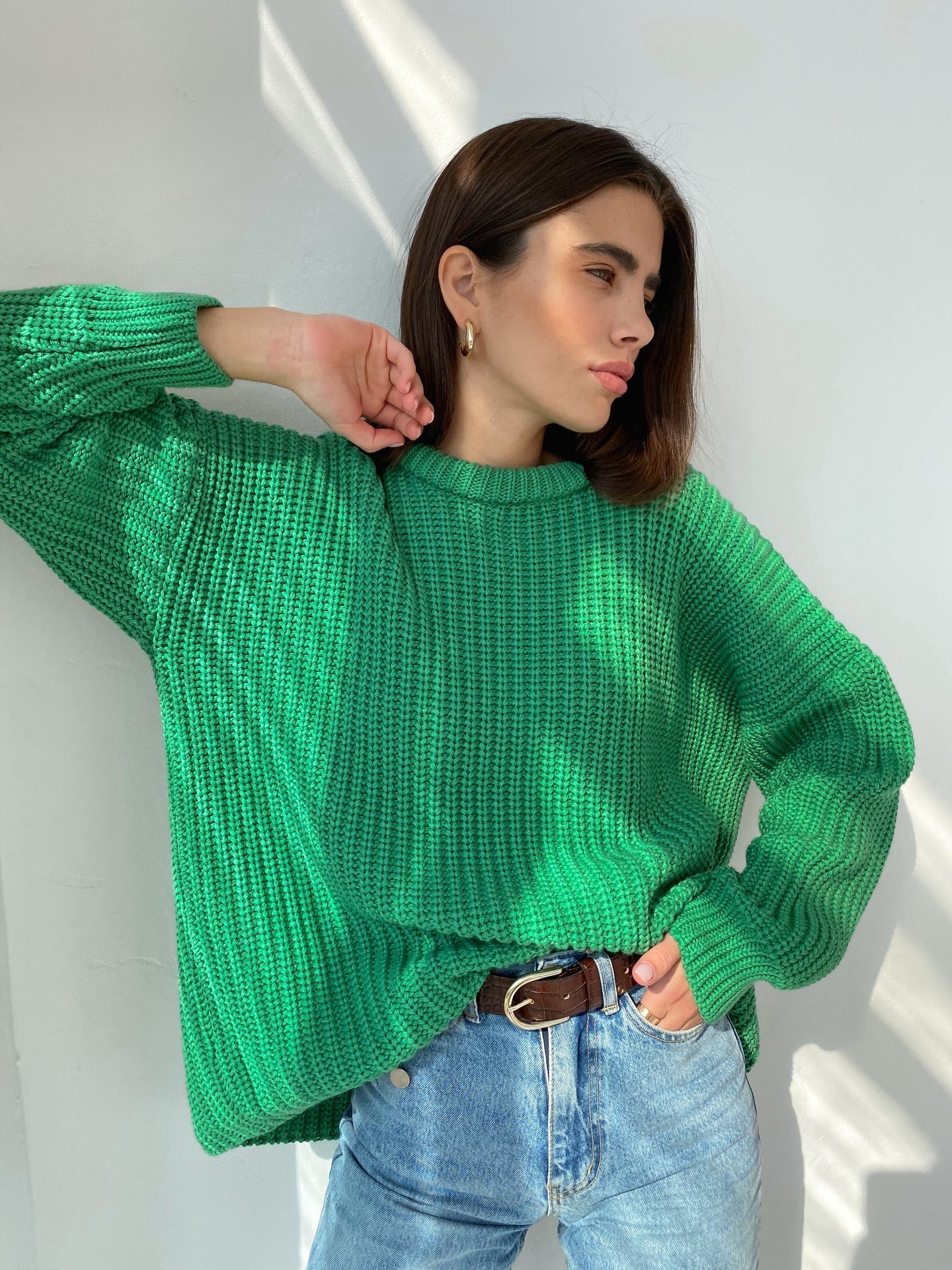 Women's oversized ribbed knit sweater cozy round neck pullover in neutral everyday relaxed fit