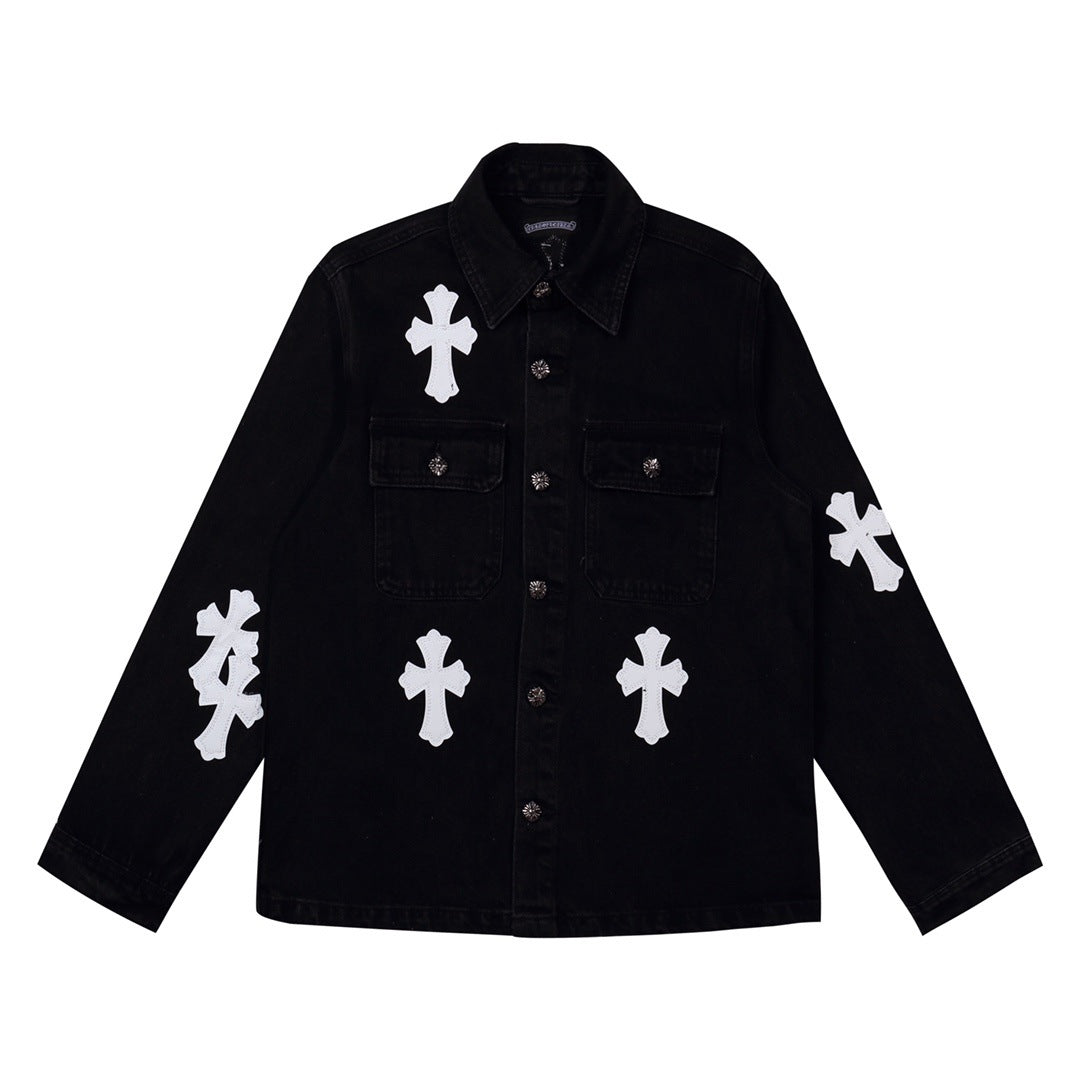 Black unisex denim jacket relaxed fit with leather cross patches gothic streetwear cotton blend