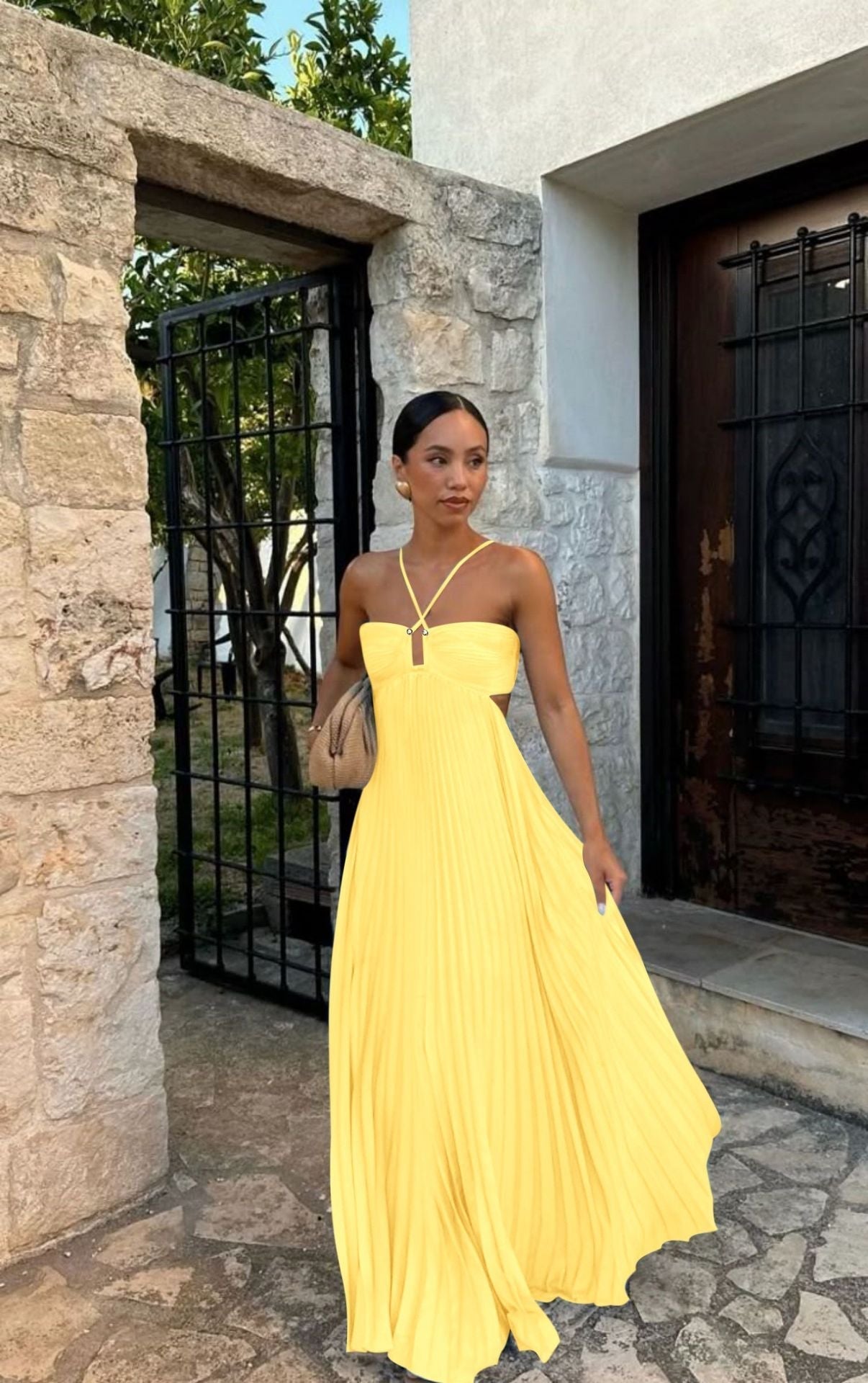 Strapless pleated A-line maxi dress with cross-detail bodice and side slit for summer parties