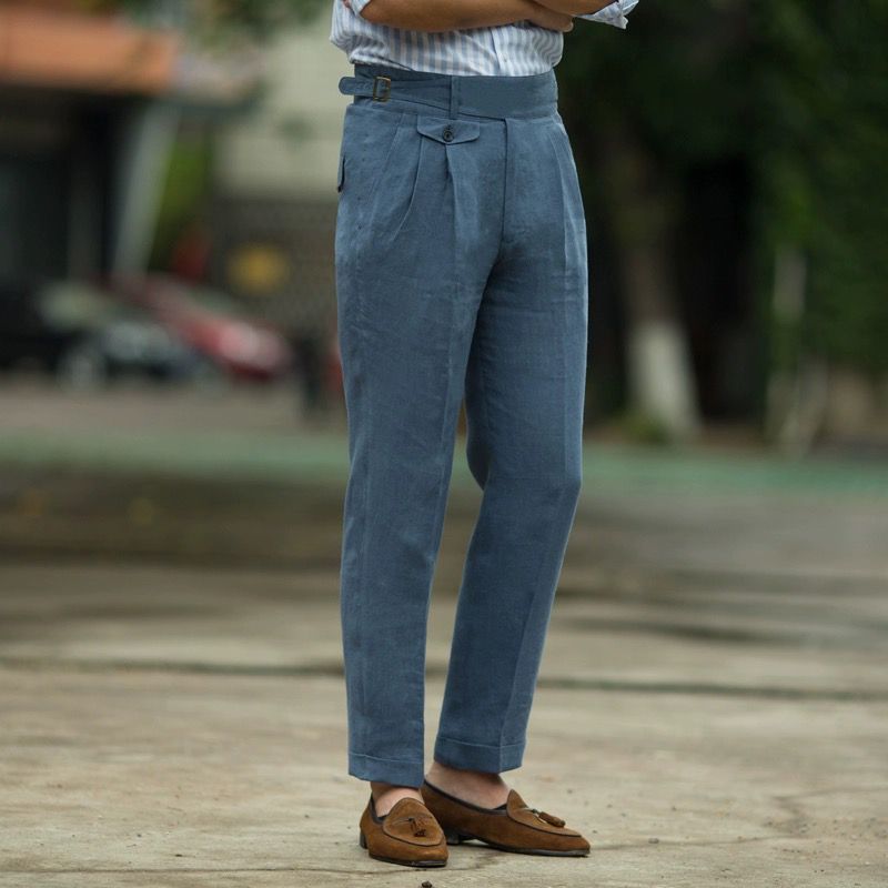 Men's slim fit high-waisted linen trousers with pleated front and adjustable waist smart casual