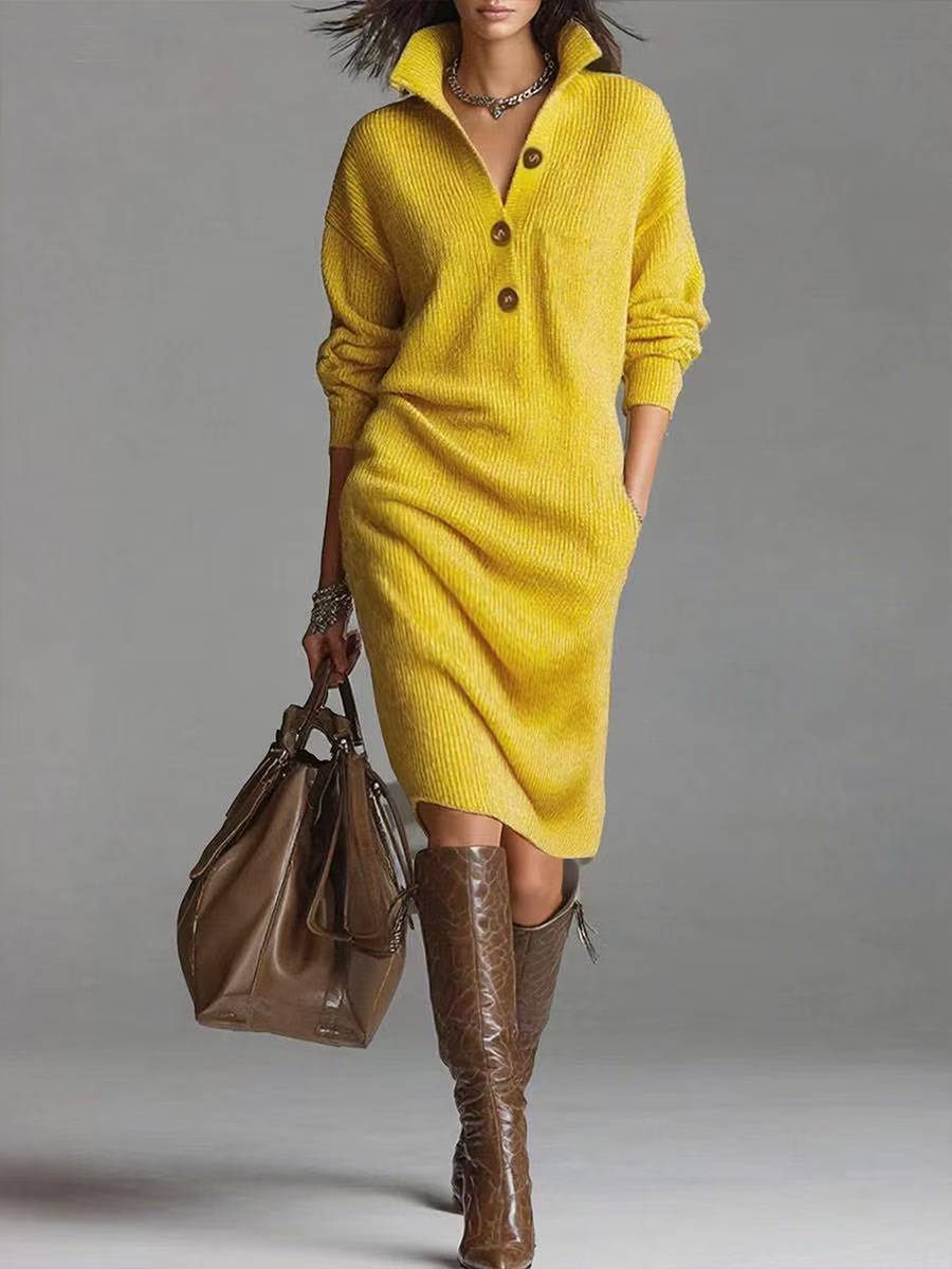 Women's knit button-front midi dress relaxed silhouette collared neckline everyday versatile style