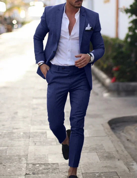 Men's slim fit two-piece wedding suit, single-breasted jacket with matching trousers, classic formal style