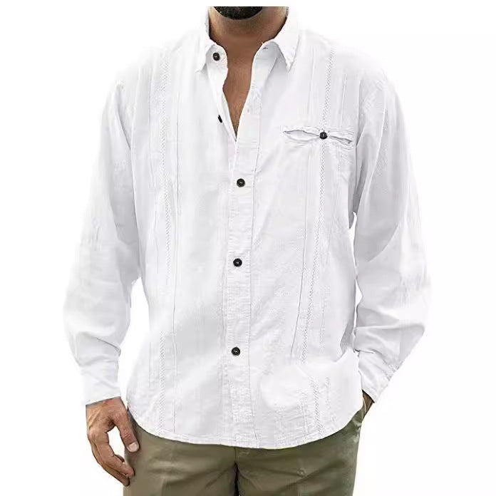 Men's relaxed fit linen shirt breathable long sleeve button-up with chest pocket casual style
