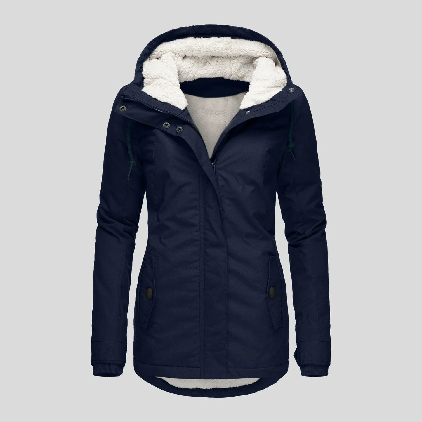 Women's semi-fitted mid-thigh parka coat with hooded plush lining for weather-resistant warmth