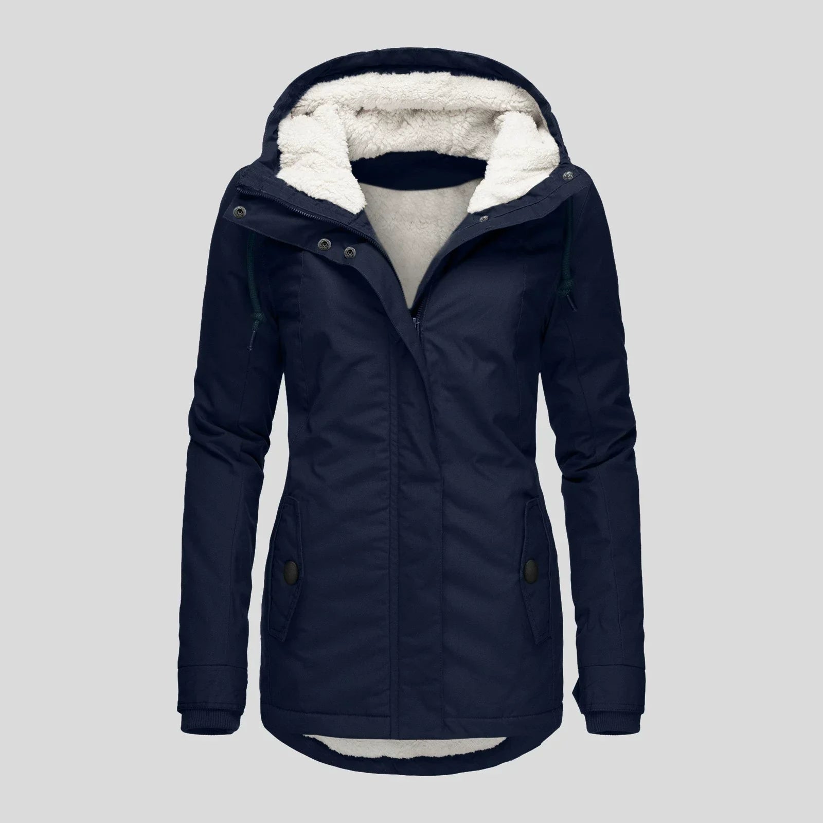 Women's semi-fitted mid-thigh parka coat with hooded plush lining for weather-resistant warmth