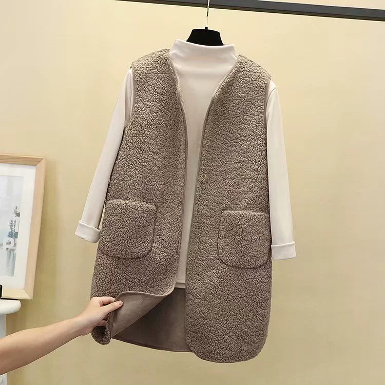 Women's charcoal plush fleece longline vest, open front relaxed fit with patch pockets
