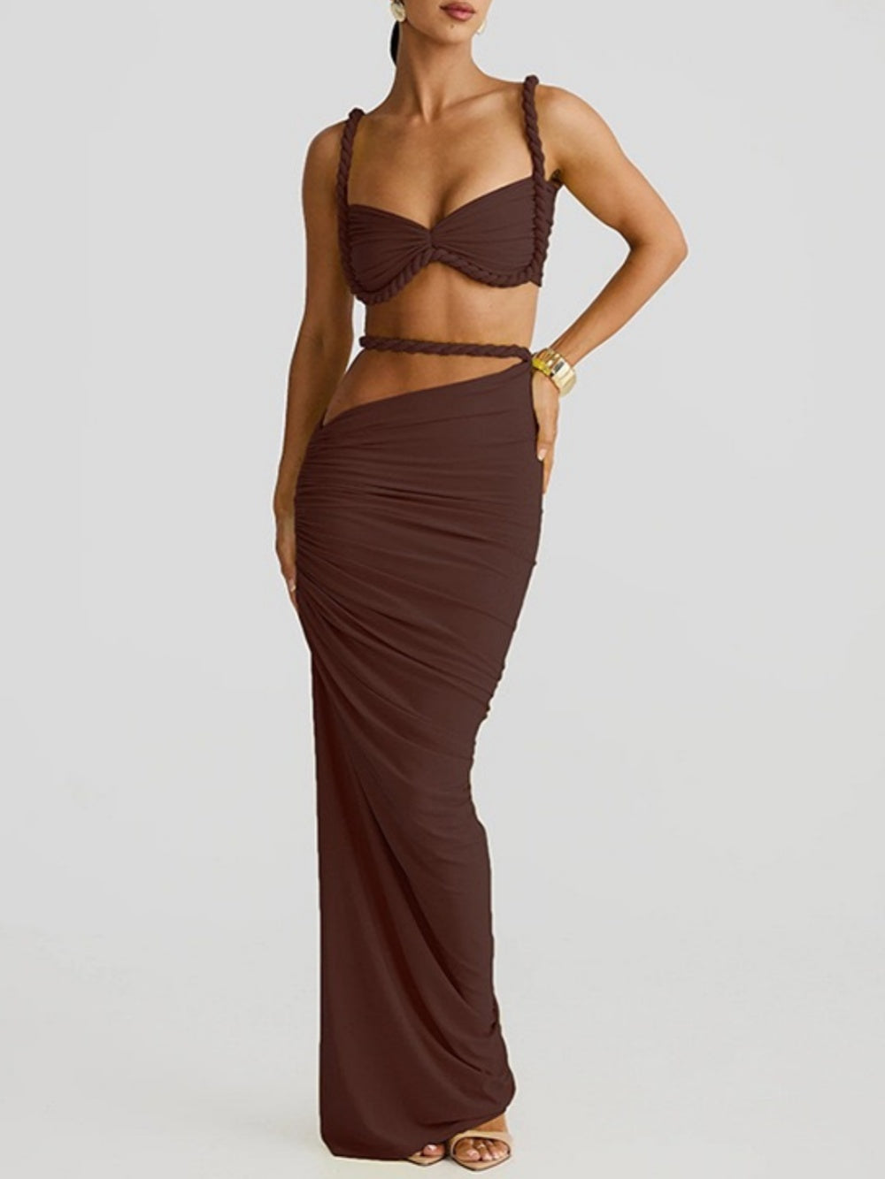 Pearl marble two-layer stretch skirt handcrafted rope waist asymmetrical hem modern silhouette