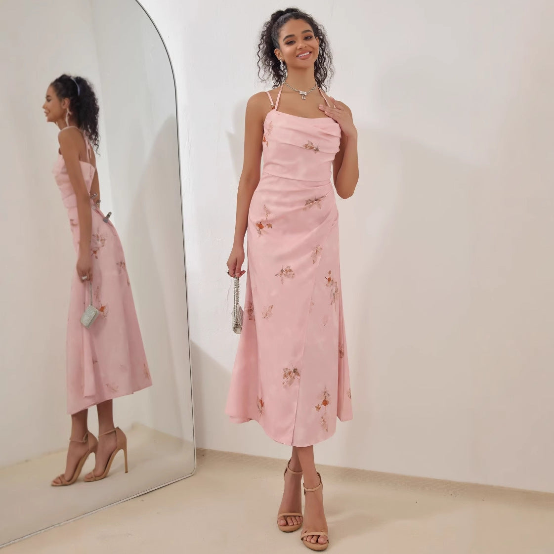 Women's satin midi dress in floral print, A-line silhouette with elegant satin-look finish for evening