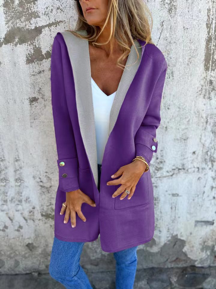 Women's hooded longline cardigan soft knit relaxed fit cozy layering everyday casual style