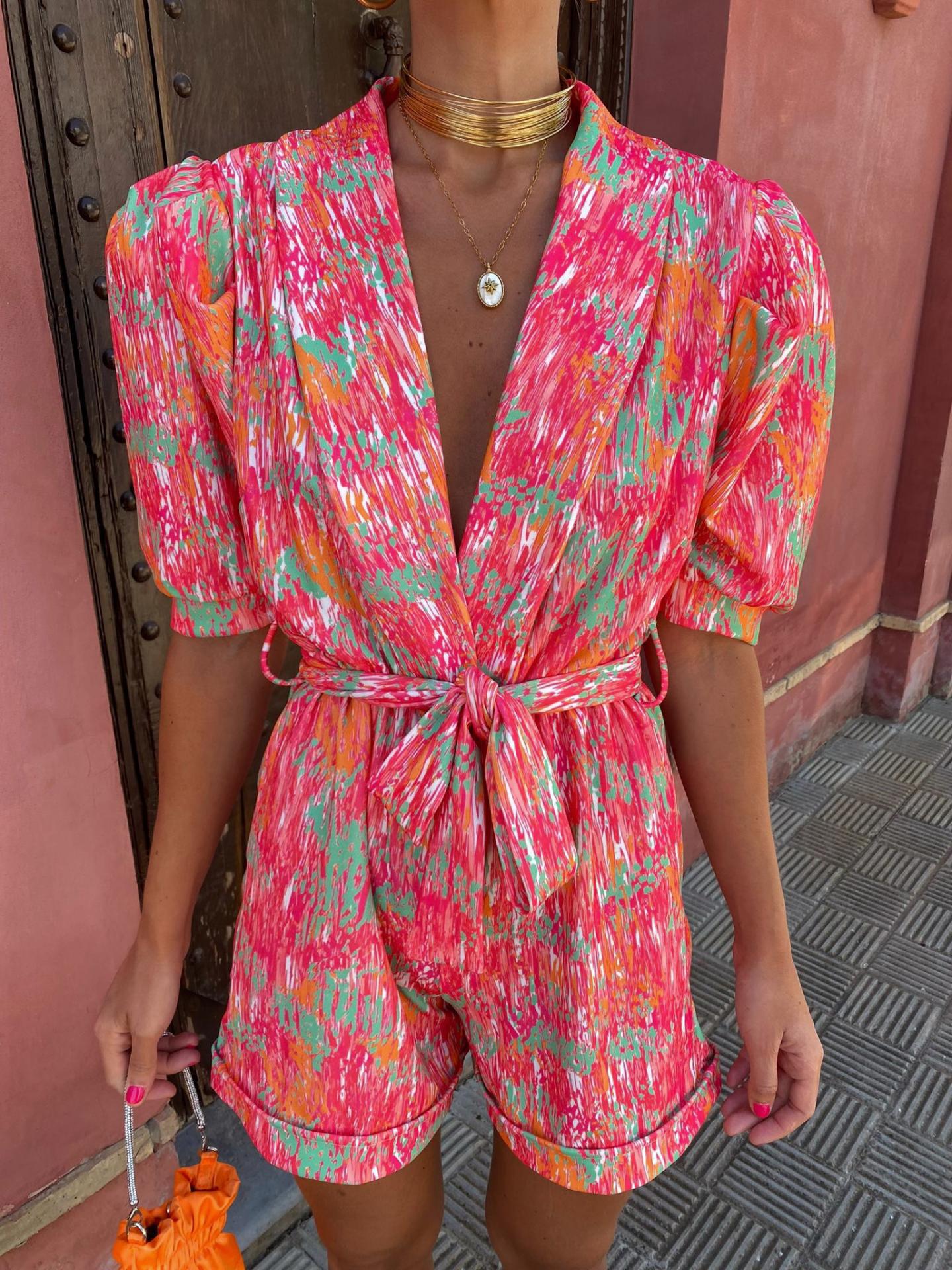 Women's tailored playsuit puff sleeves deep V-neck belted waist chic day-to-night one-piece