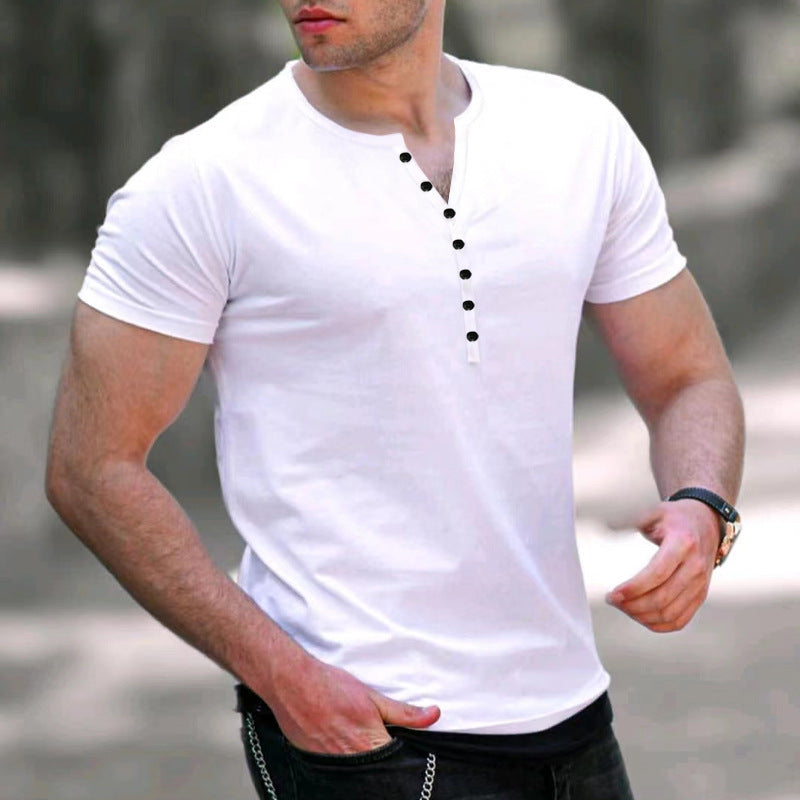 Men's slim fit heather gray henley t-shirt soft knit short sleeve with button placket
