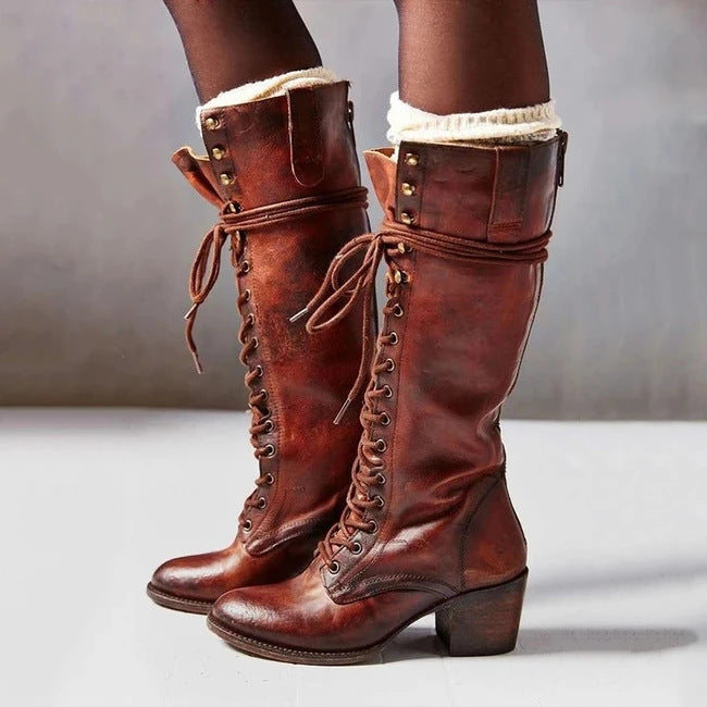 Women's black lace-up knee-high boots with block heel and adjustable front lacing