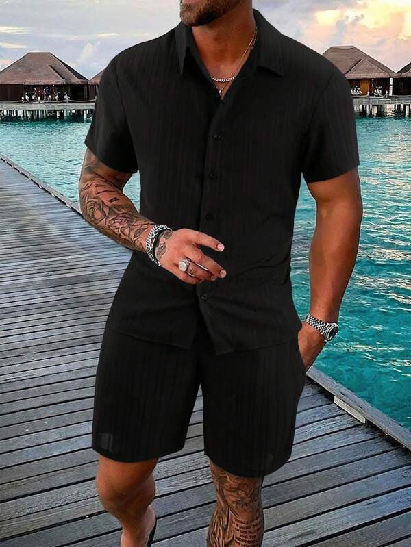 Men's navy blue relaxed fit cotton blend button-down shirt and shorts matching summer set