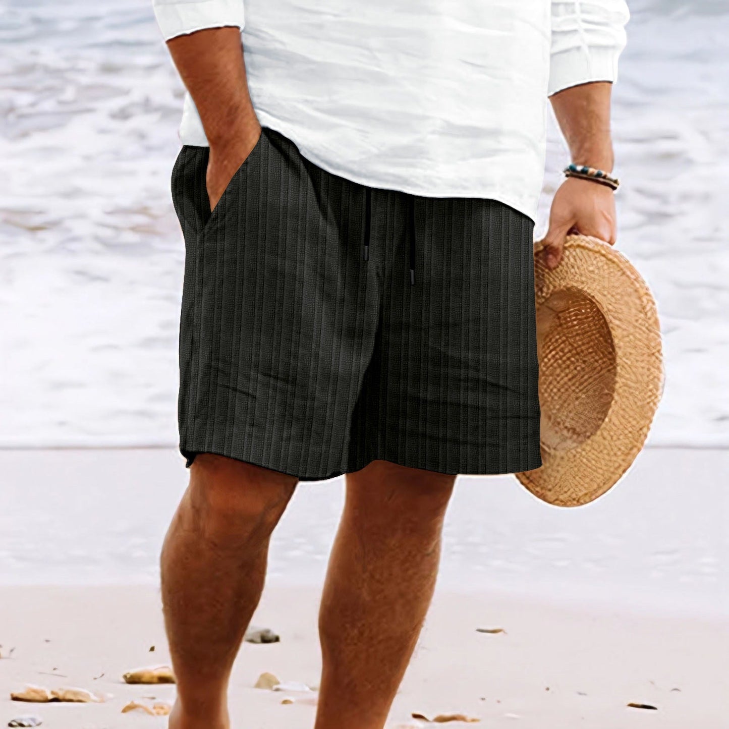 Men's linen cotton relaxed fit shorts with multi pockets elastic drawstring waist breathable summer style