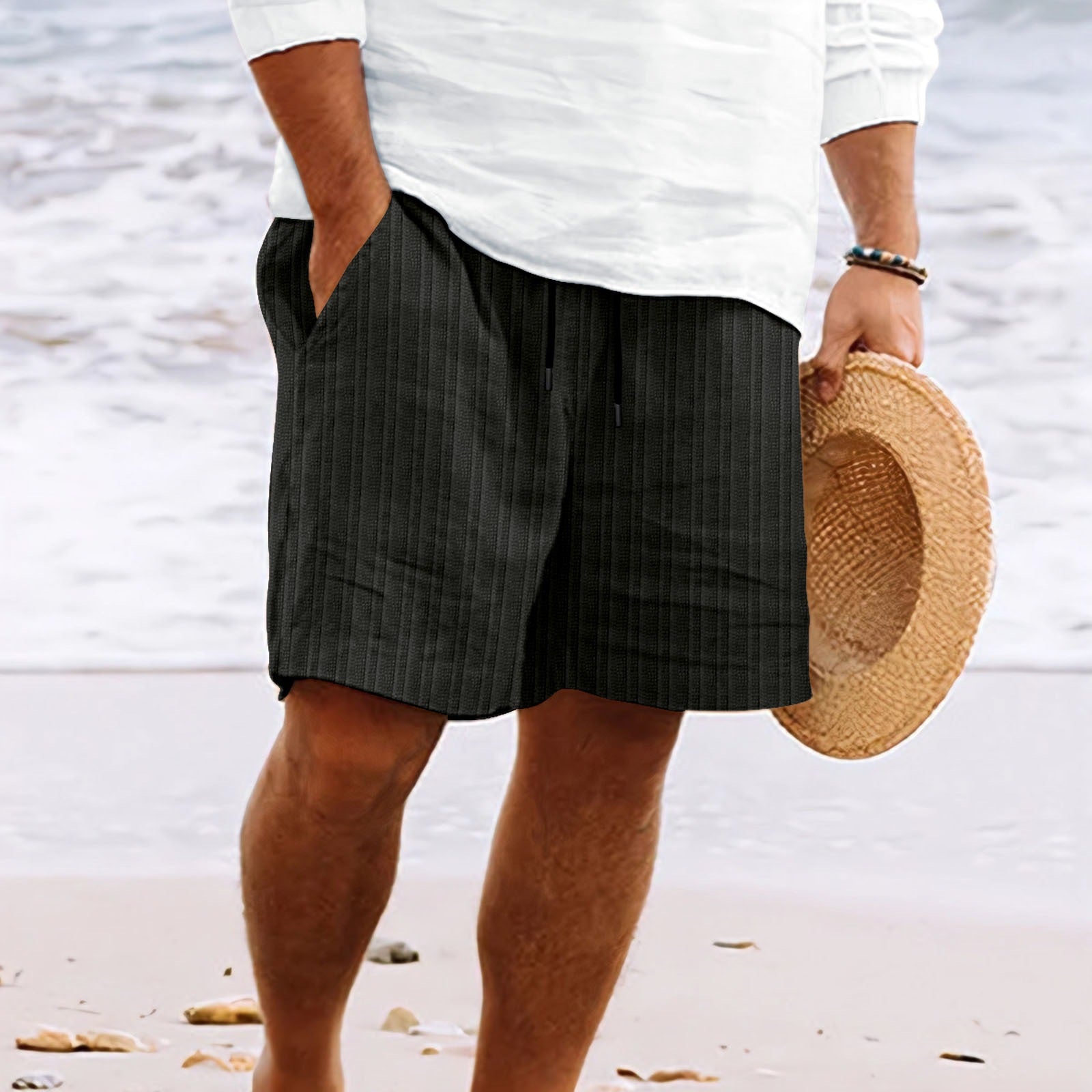 Men's linen cotton relaxed fit shorts with multi pockets elastic drawstring waist breathable summer style
