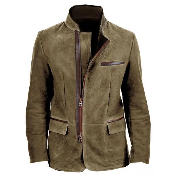 Men's slim fit suede jacket with stand collar, zipper closure, and multiple pockets in neutral tone