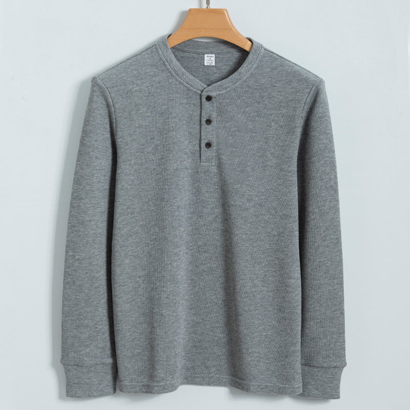 Men's gray waffle knit henley sweater relaxed fit with three-button placket for layering