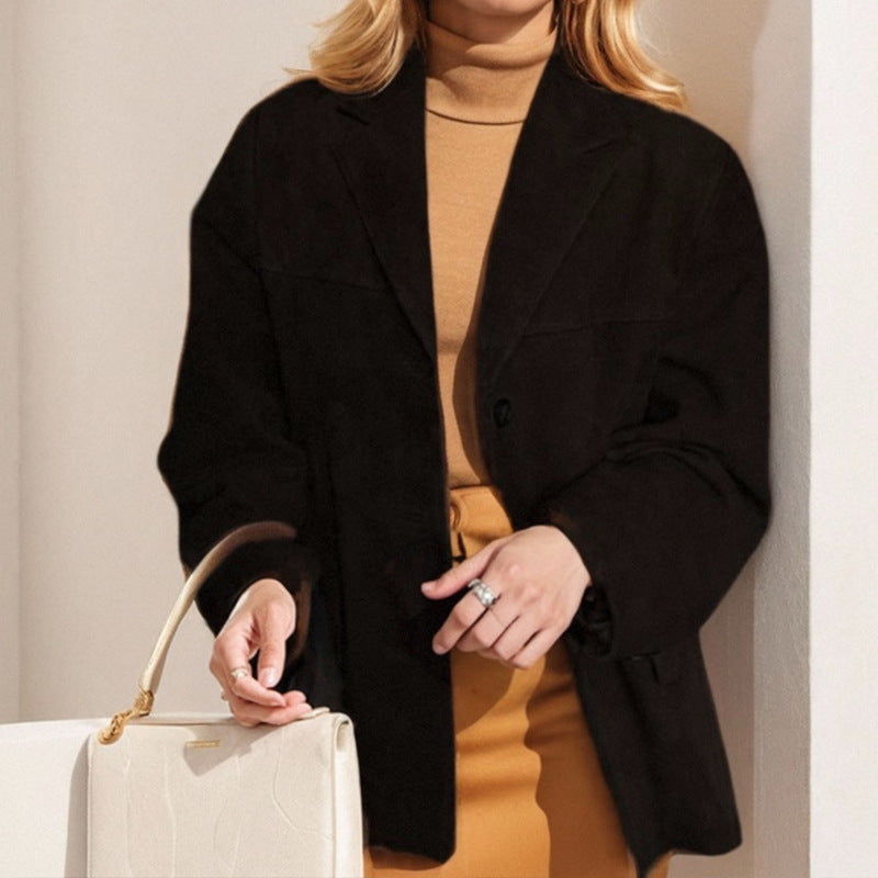 Retro brown faux suede loose-fit single-breasted blazer with functional pockets for commuters