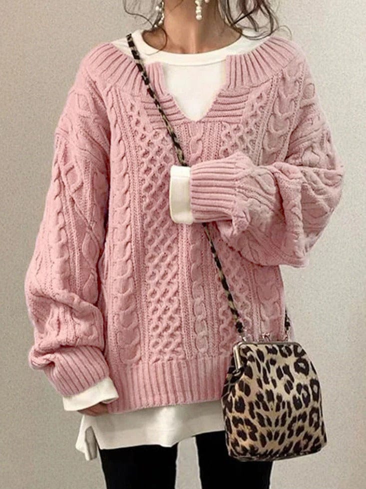 Women's ivory cable knit wool sweater with notched neckline, elegant everyday layering essential