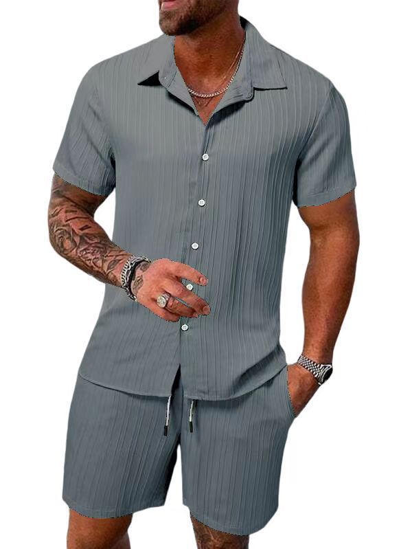 Men's navy blue relaxed fit cotton blend button-down shirt and shorts matching summer set